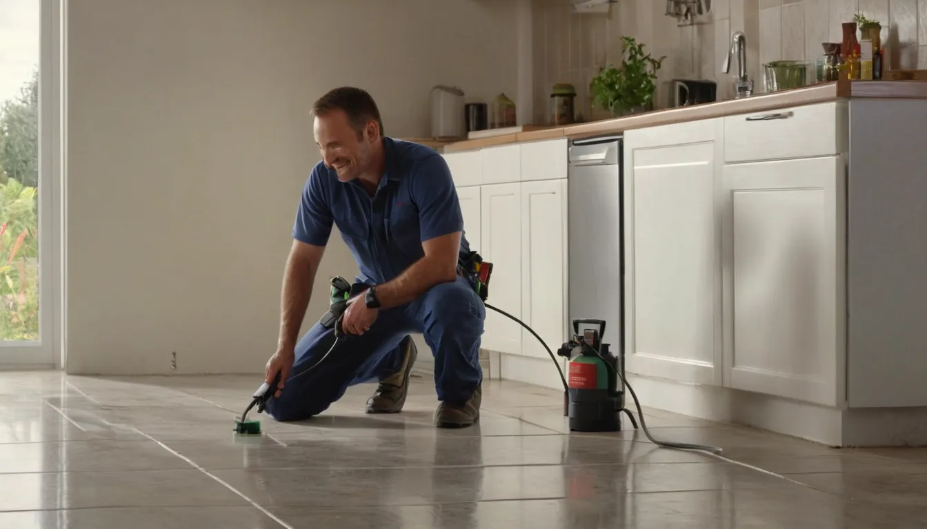 Friendly pest control provider inspecting a kitchen baseboard in a Temple Terrace home